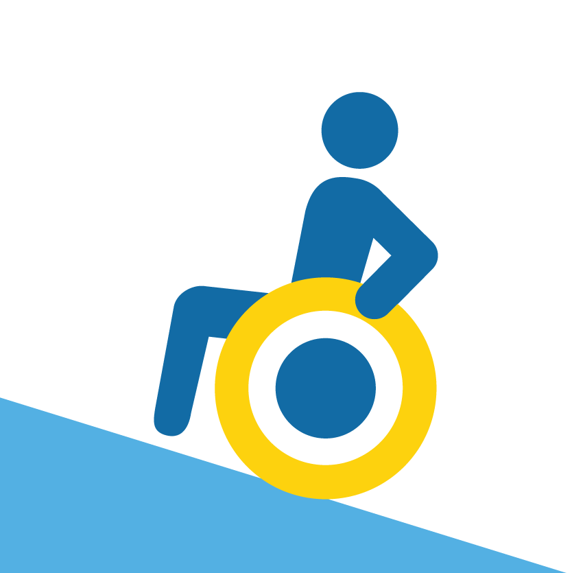 graphic of a person in a wheelchair going up a ramp to access a building